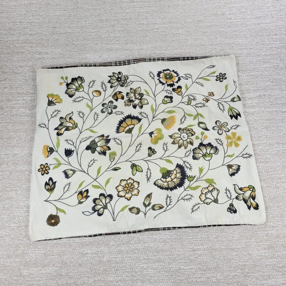 IKEA Alvine Lov Embroidered Floral Pillow Cover 20x24 Cream Cotton Plaid Back - Picture 11 of 16